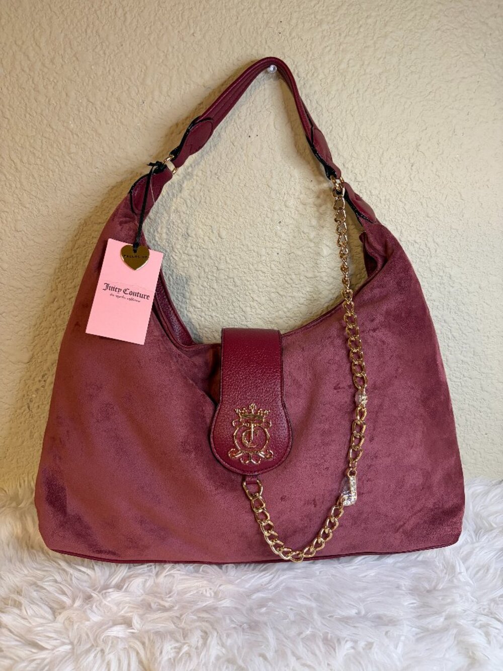 Juicy Couture Royal Crest Hobo Bag Cranberry Juice Velour Chain NWT